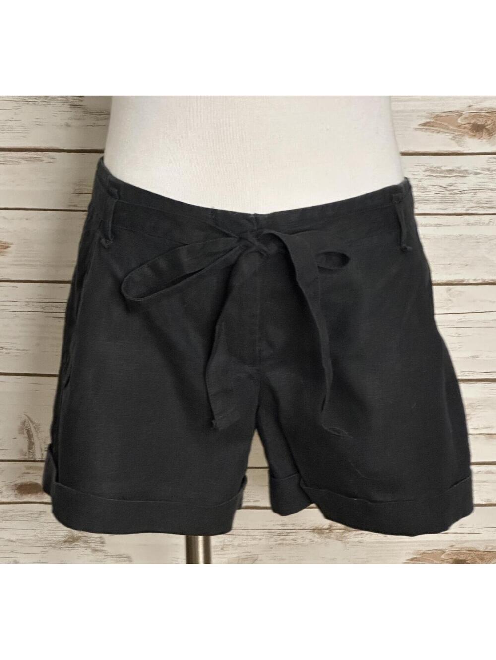 Ann Taylor LOFT black 100% linen tie-waist cuffed shorts Size 2 classic coastal